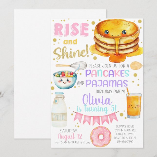 Girl pancakes and pajama birthday party invite. inbjudningar (Fram/baksida)