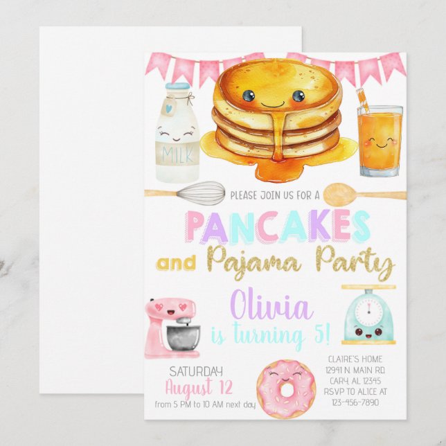 Girl pancakes and pajama birthday party invite. inbjudningar (Fram/baksida)