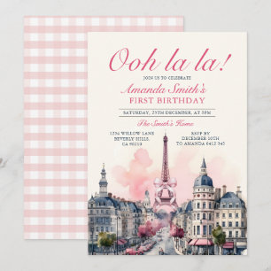Girl Paris Patisserie 1st Rosa Bow Födelsedagsfest Inbjudningar