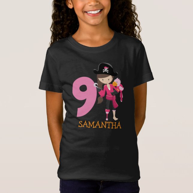 Girl Parrot 9th Födelsedagsfest pirat T-Shirt (Framsida)