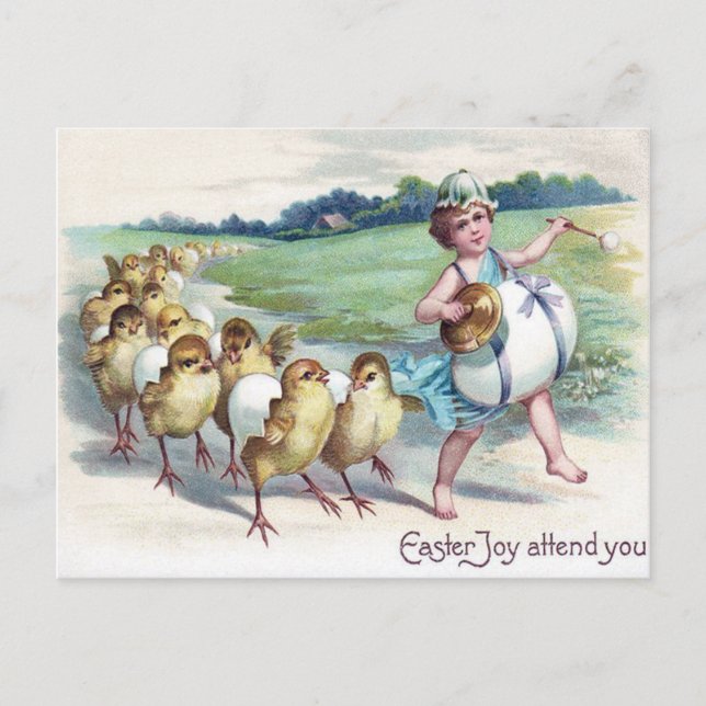Girl Påsk Chick  Egg Drum Victorian Helg Vykort (Framsida)