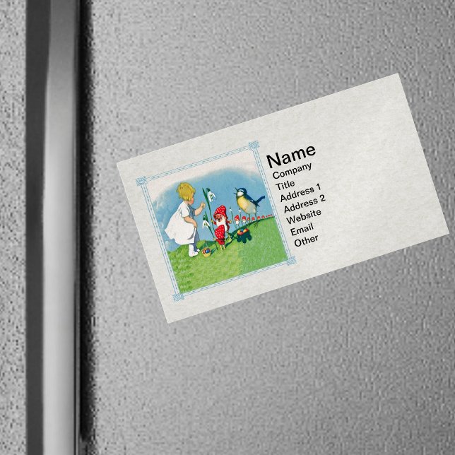 Girl Påsk Lilly Gnome Elves Singing Bird Basket Visitkortmagnet (Little girl, gnomes red hats, bird,  flowers, easter eggs in fancy frame on magnetic business cards.)