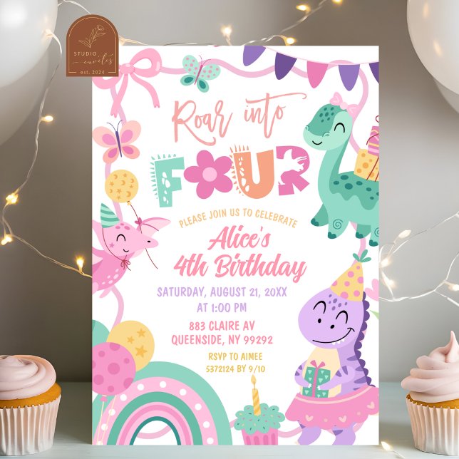 Girl Pastel Dinosaur 4th Birthday invitation Inbjudningar (Skapare uppladdad)