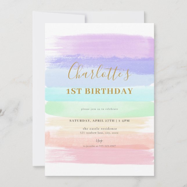 Girl Pastel Rainbow First Birthday-inbjudan Inbjudningar (Framsida)