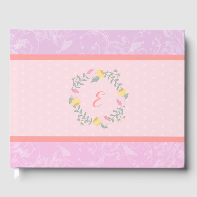 Girl Pastel Rosa and Lavender Blommigt Monogram Ki Gästböcker (Framsida)
