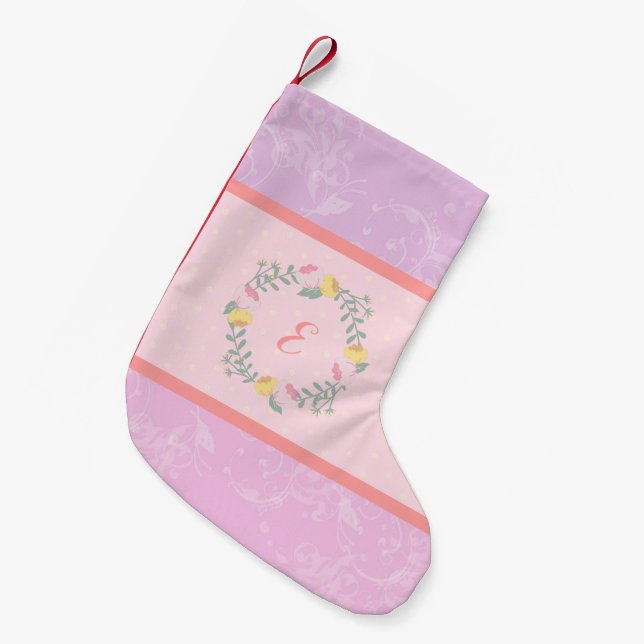 Girl Pastel Rosa and Lavender Blommigt Monogram Ki Liten Julstrumpa (Framsidan (Hängande))