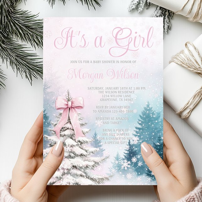 Girl Pastel Watercolor Winter Wonderland Träd Inbjudningar (Beautiful pastel winter wonderland girl baby shower invitation. Simply add your event details.)