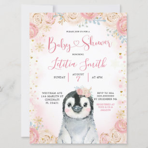 Girl Penguin Winter Snowflake Baby Shower Inbjudan