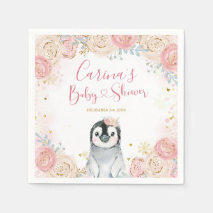Girl Penguin Winter Snowflake Baby Shower Napkins Pappersservett