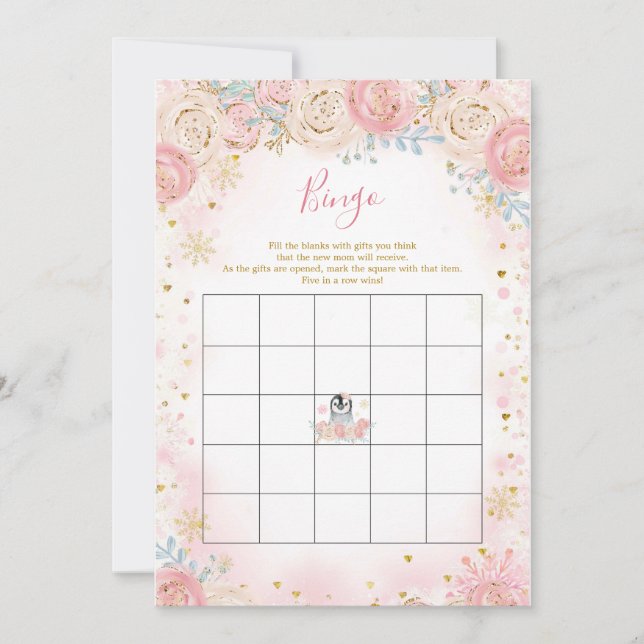 Girl Penguin Winter Snowflake Bingo Game Inbjudningar (Framsida)