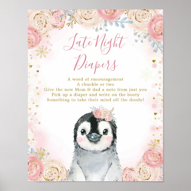 Girl Penguin Winter Snowflake Late Night Diaper Poster (Framsidan)