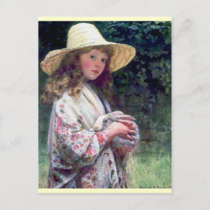 Girl Pet Bunny Rabbit Painting Vykort
