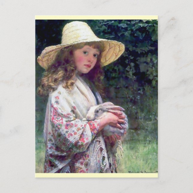 Girl Pet Bunny Rabbit Painting Vykort (Framsida)