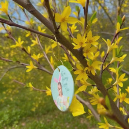 Girl Photo Bunny Ears Cute Blue Julgransprydnad Keramik