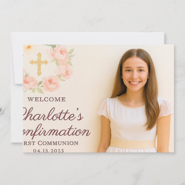 Girl photo cream beige bow cross Confirmation Tack Kort (Framsida)