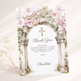 Girl photo First Communion pink floral arch Tack Kort
