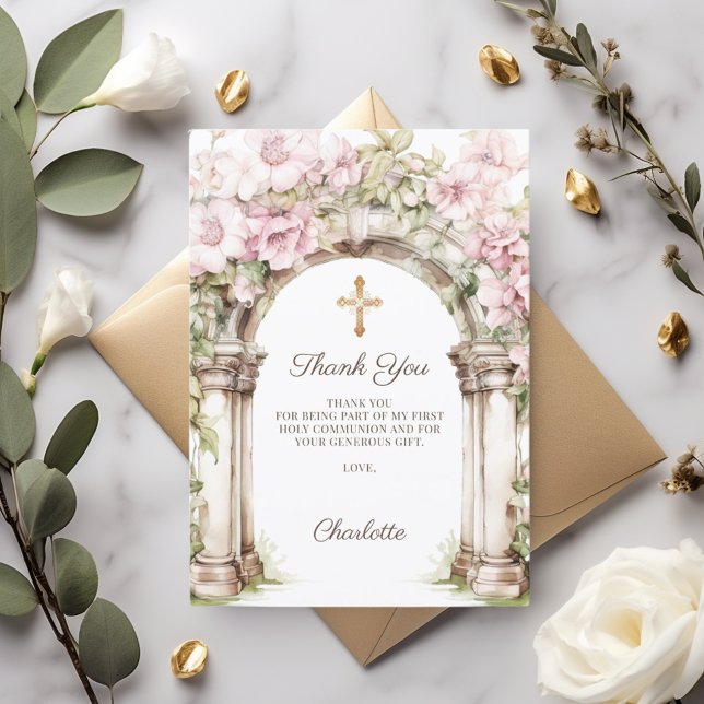 Girl photo First Communion pink floral arch Tack Kort (Skapare uppladdad)