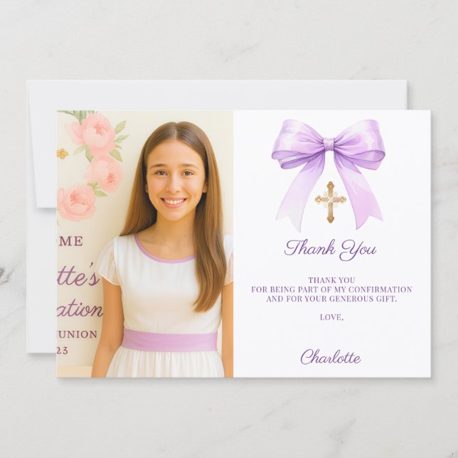Girl photo lavender bow Confirmation Tack Kort (Framsida)