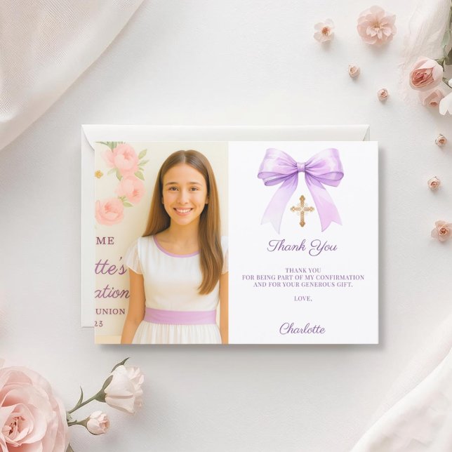 Girl photo lavender bow Confirmation Tack Kort (Skapare uppladdad)