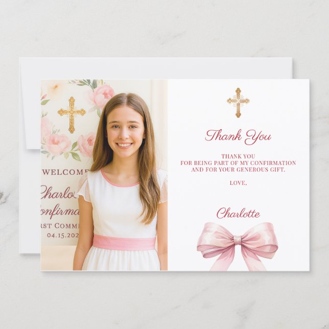 Girl photo pink bow Confirmation Tack Kort (Framsida)