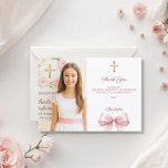 Girl photo pink bow Confirmation Tack Kort<br><div class="desc">Add a vertical size photo. A pink bow and a golden cross as decor.  Personalize and add a name and thank you note.</div>