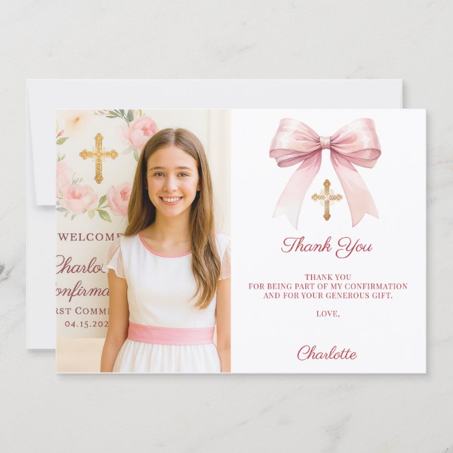 Girl photo pink bow Confirmation Tack Kort (Framsida)