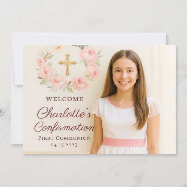 Girl photo pink bow cross Confirmation Tack Kort (Framsida)
