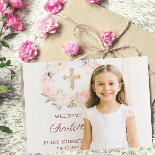 Girl photo pink bow cross First Communion  Tack Kort (Skapare uppladdad)