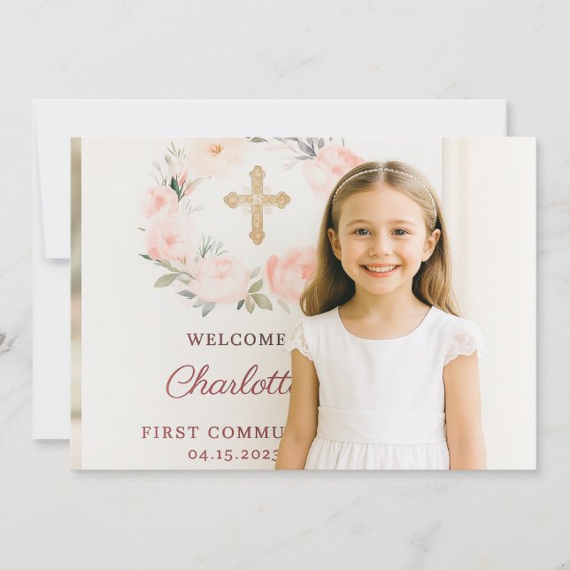 Girl photo pink bow cross First Communion  Tack Kort (Framsida)