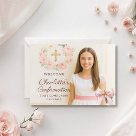 Girl photo pink bow cross First Holy Communion Tack Kort