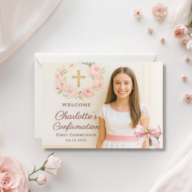 Girl photo pink bow cross First Holy Communion Tack Kort (Skapare uppladdad)