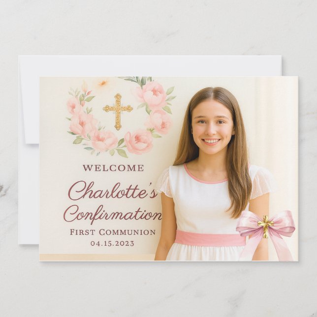 Girl photo pink bow cross First Holy Communion Tack Kort (Framsida)