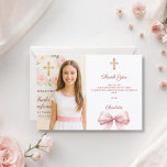 Girl photo pink bow First Holy Communion Tack Kort<br><div class="desc">Add a vertical size photo. A pink bow and a golden cross as decor.  Personalize and add a name and thank you note.</div>