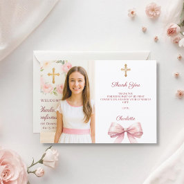 Girl photo pink bow First Holy Communion Tack Kort