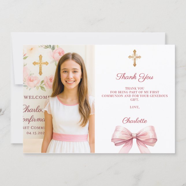 Girl photo pink bow First Holy Communion Tack Kort (Framsida)