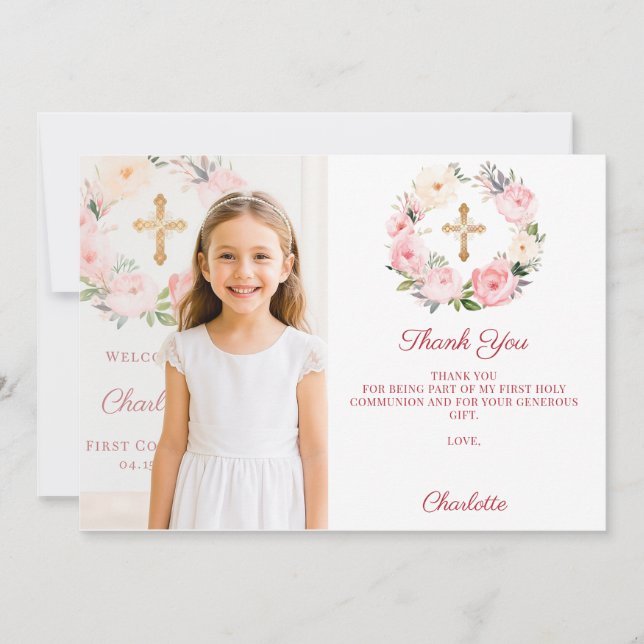 Girl photo pink florals cross First Communion  Tack Kort (Framsida)