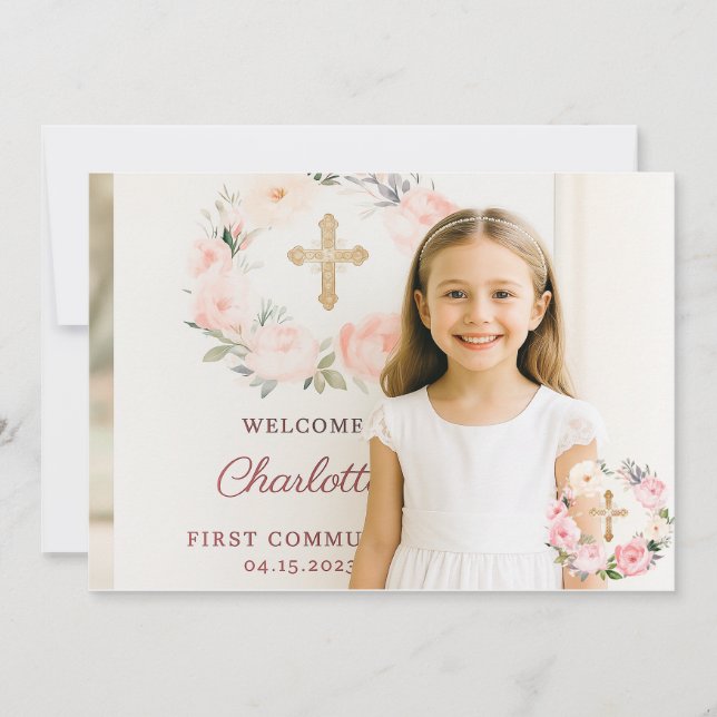 Girl photo pink florals cross First Communion  Tack Kort (Framsida)