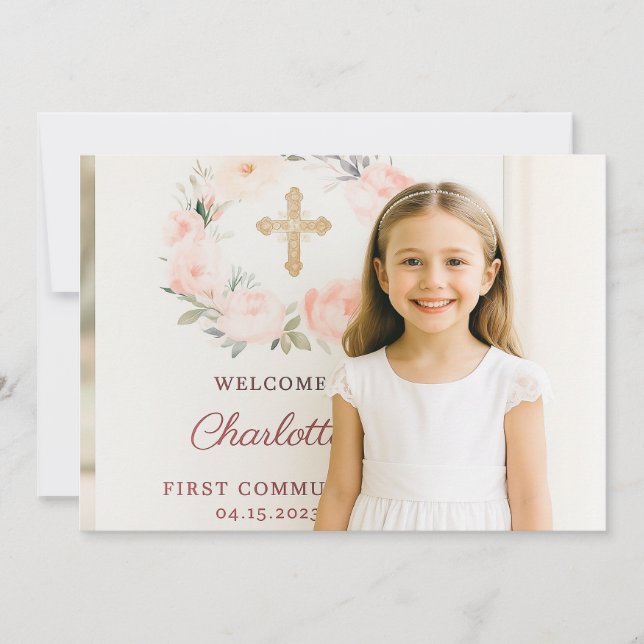 Girl photo pink florals cross First Communion  Tack Kort (Framsida)