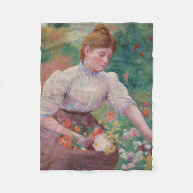 Girl Picking Flowers in a Summer Garden Fleecefilt (Framsidan)
