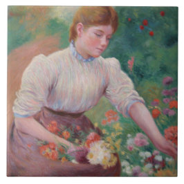 Girl Picking Flowers in a Summer Garden Kakelplatta