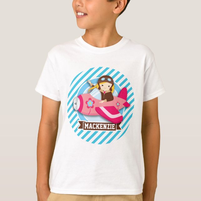 Girl Pilot in Rosa Airplane; Blue & White Rand T-shirt (Framsida)
