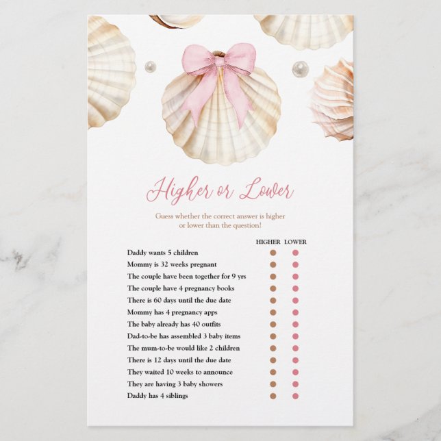 Girl Pink Bow Shell Baby Shower Higher or Lower  (Framsida)