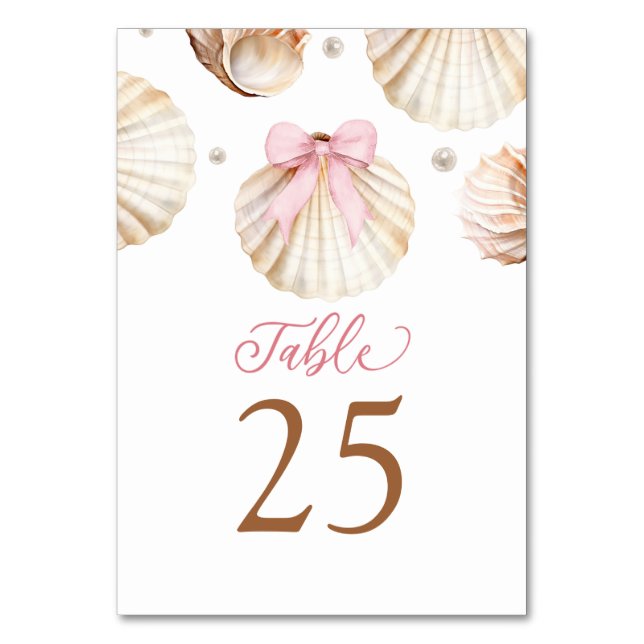 Girl Pink Bow Shell Baby Shower Table Number Bordsnummer (Framsidan)