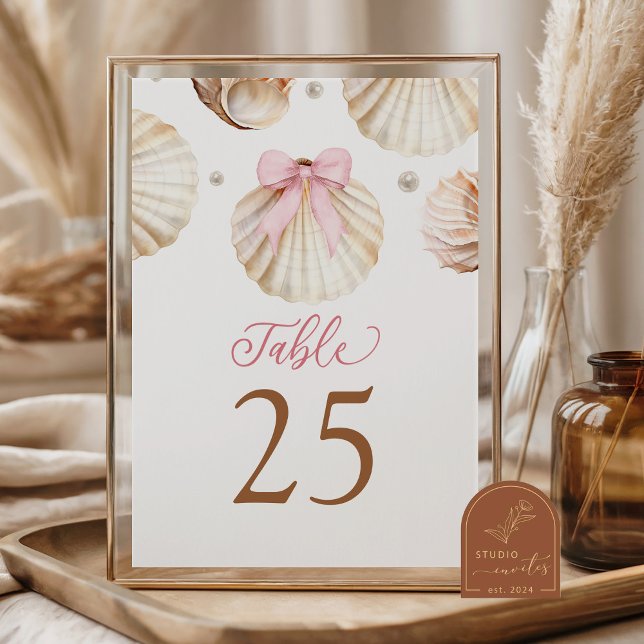 Girl Pink Bow Shell Baby Shower Table Number Bordsnummer (Skapare uppladdad)
