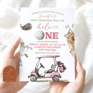 Girl Pink Golf Cart Exdoor Birthday Inbjudningar