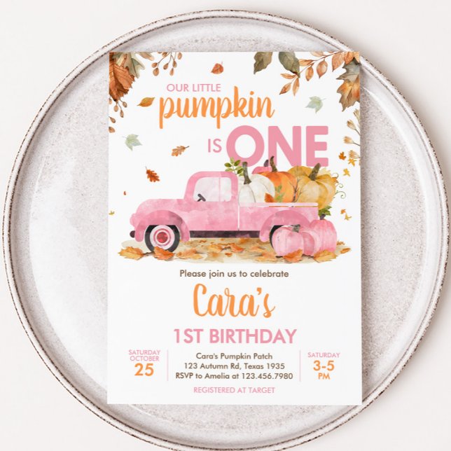 Girl Pink Pumpkin Truck Fall Birthday  Inbjudningar (Pink Pumpkin Truck Fall Birthday Invitation)