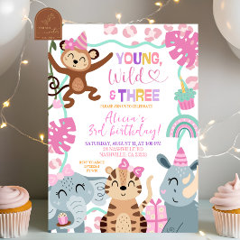 Girl Pink Safari  Young Wild and Three Birthday in Inbjudningar