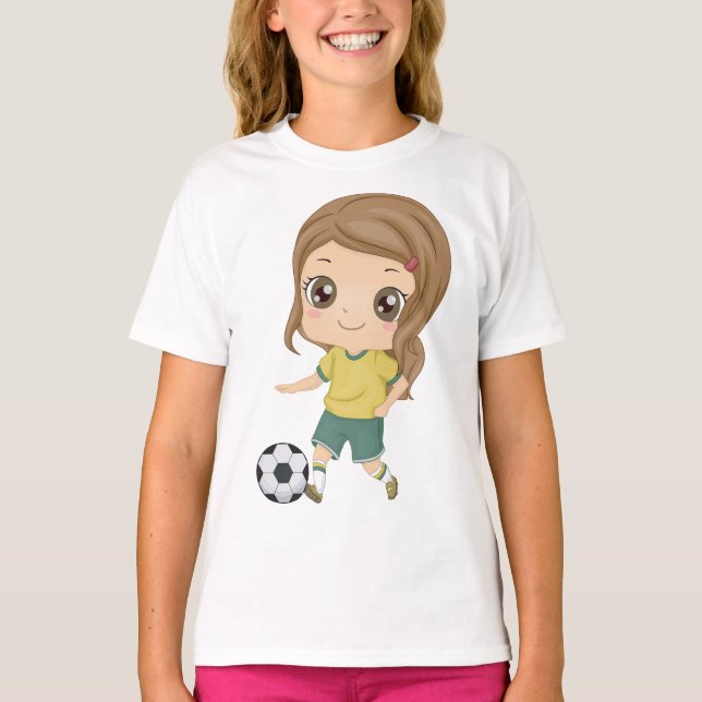 Girl Playing Soccer Adorable Kids Sports T Shirt (Framsida)