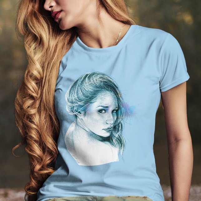 Girl Porträtt Bevackra Blue Artistic Teckning T Shirt (Skapare uppladdad)