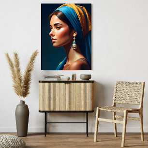 Girl Porträtt in Blue and Guld, Classic Stil Poster